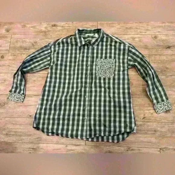 Isaac Mizrahi Live green plaid/floral button up size 12 - Picture 1 of 7
